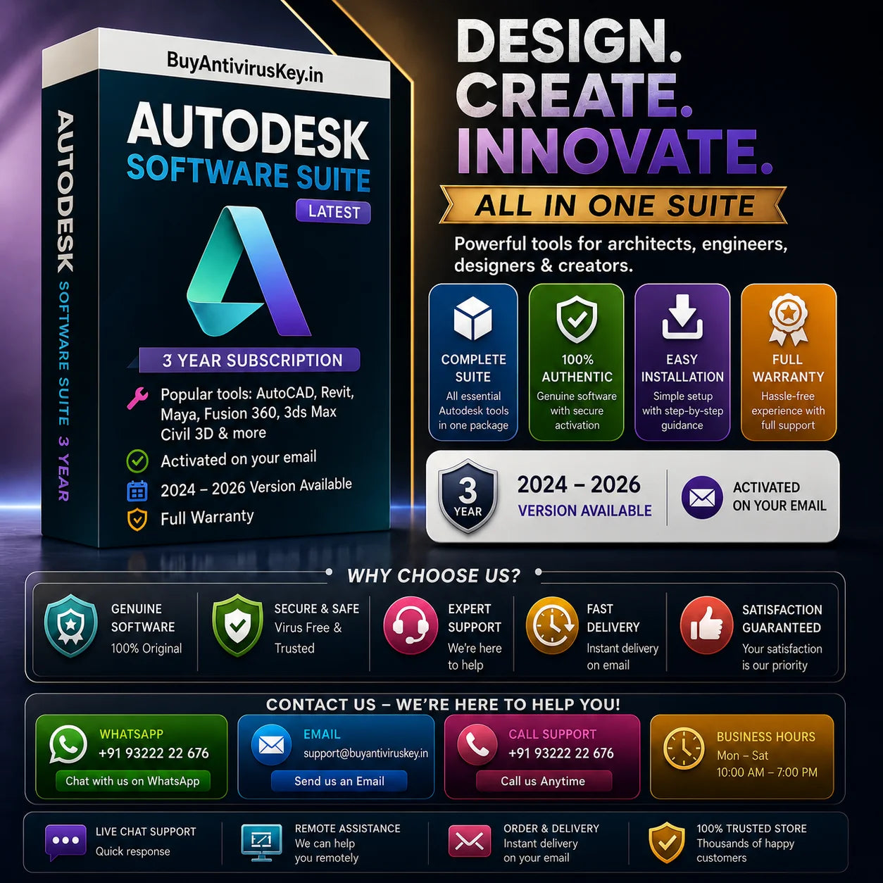 Promotional graphic for Autodesk Software Suite, showing a 3-year subscription box, feature icons, and multiple support channels on a dark gradient background.