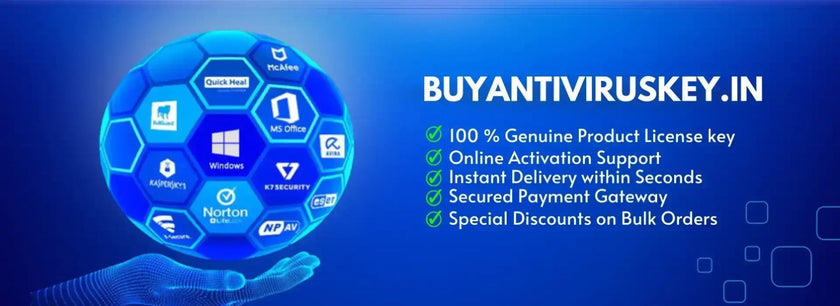 BuyAntivirusKey.in promotional banner featuring a futuristic blue design. A 3D hexagonal sphere displays logos of top software brands like Windows, MS Office, McAfee, Kaspersky, Quick Heal, Norton, and more. On the right, key benefits are highlighted, including "100% Genuine Product License Key," "Online Activation Support," "Instant Delivery within Seconds," "Secured Payment Gateway," and "Special Discounts on Bulk Orders." The banner emphasizes secure and fast digital software key purchases