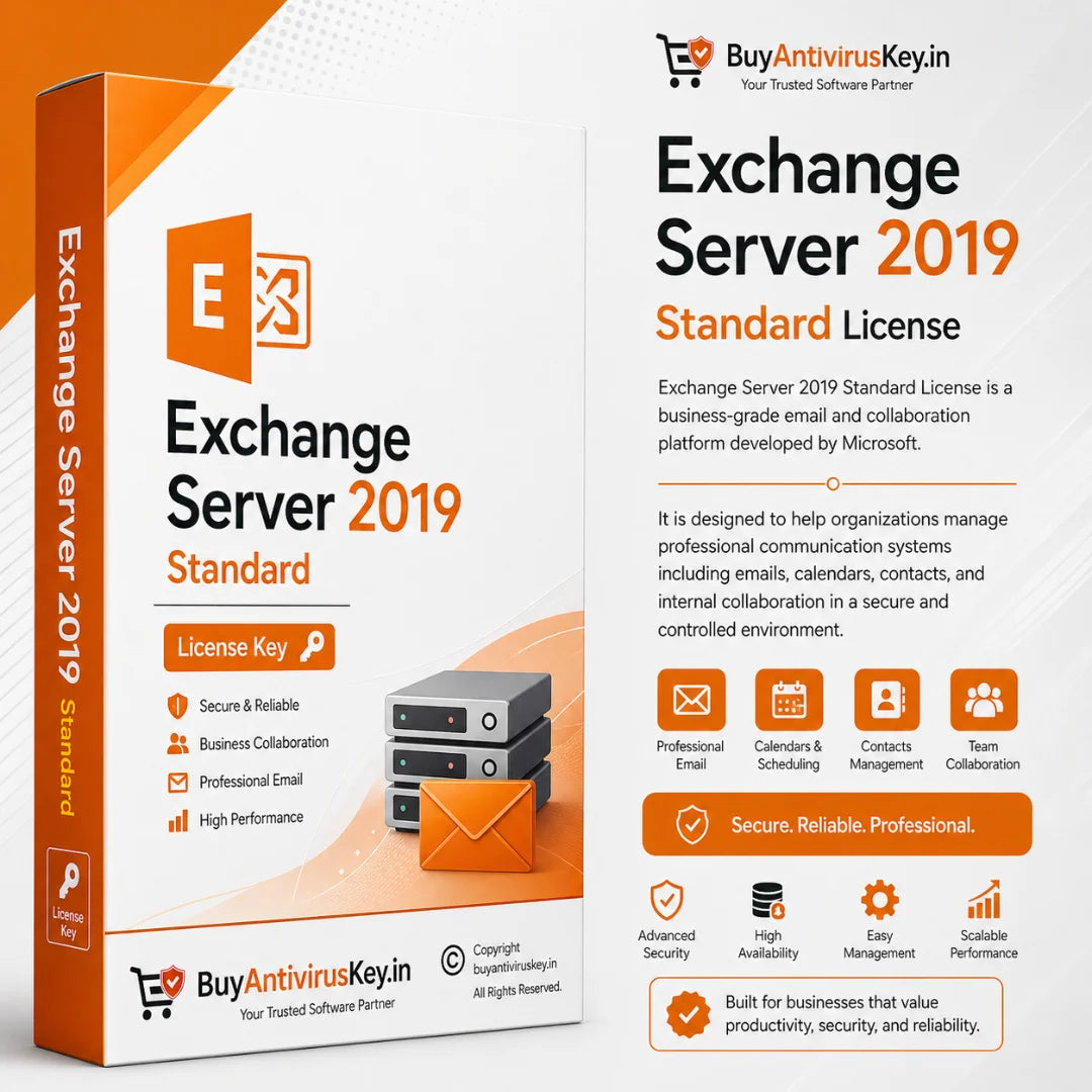 Exchange Server 2019 Standard software package with branding on a white background