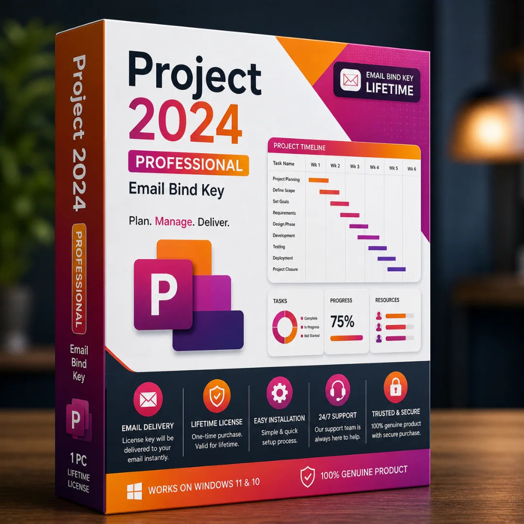 Project 2024 Professional software packaging on a wooden surface with a blurred background