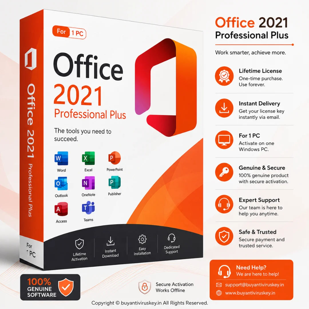 Office 2021 Professional Plus software package box with features listed on a white background.