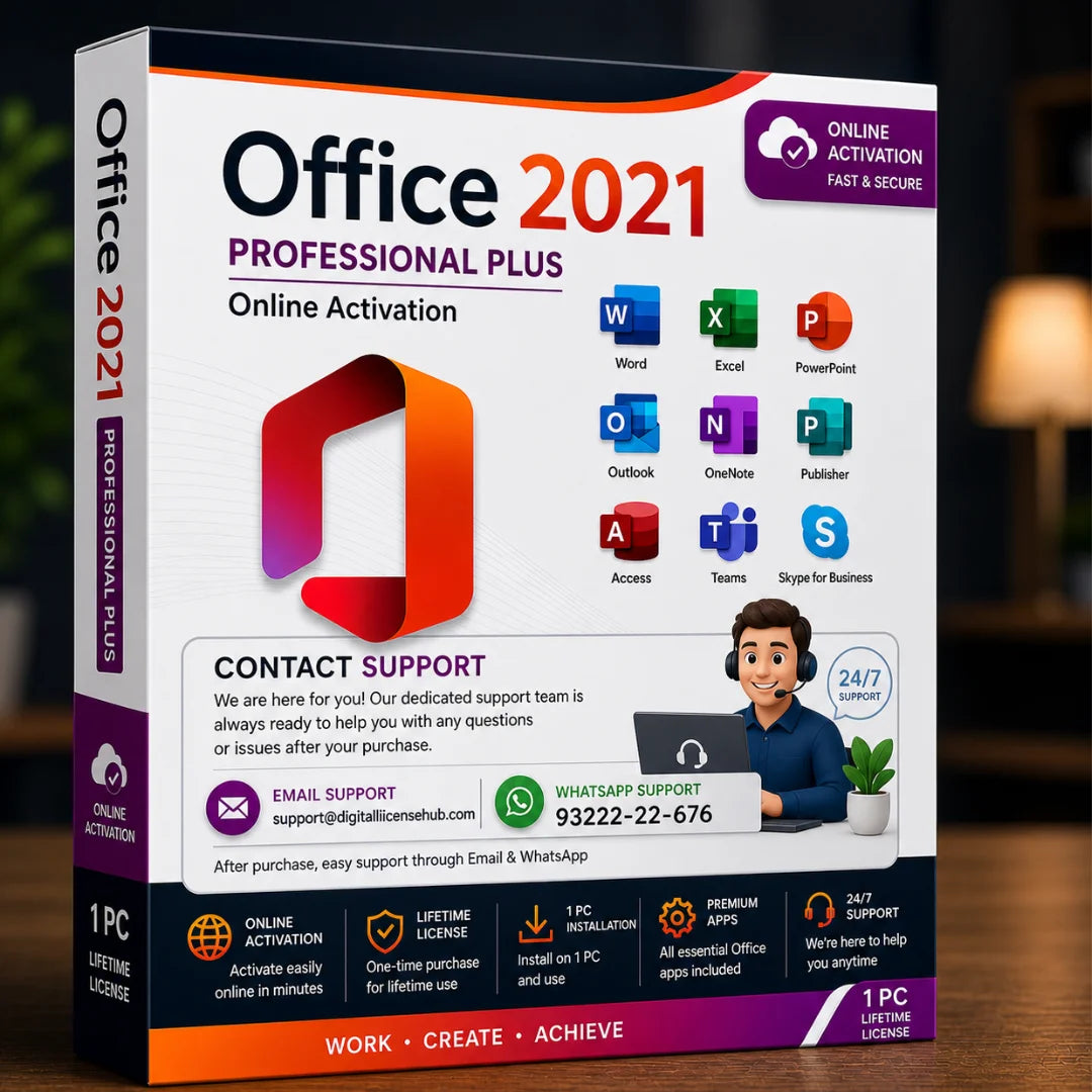 Office 2021 Professional Plus software package box on a wooden surface with a blurred background