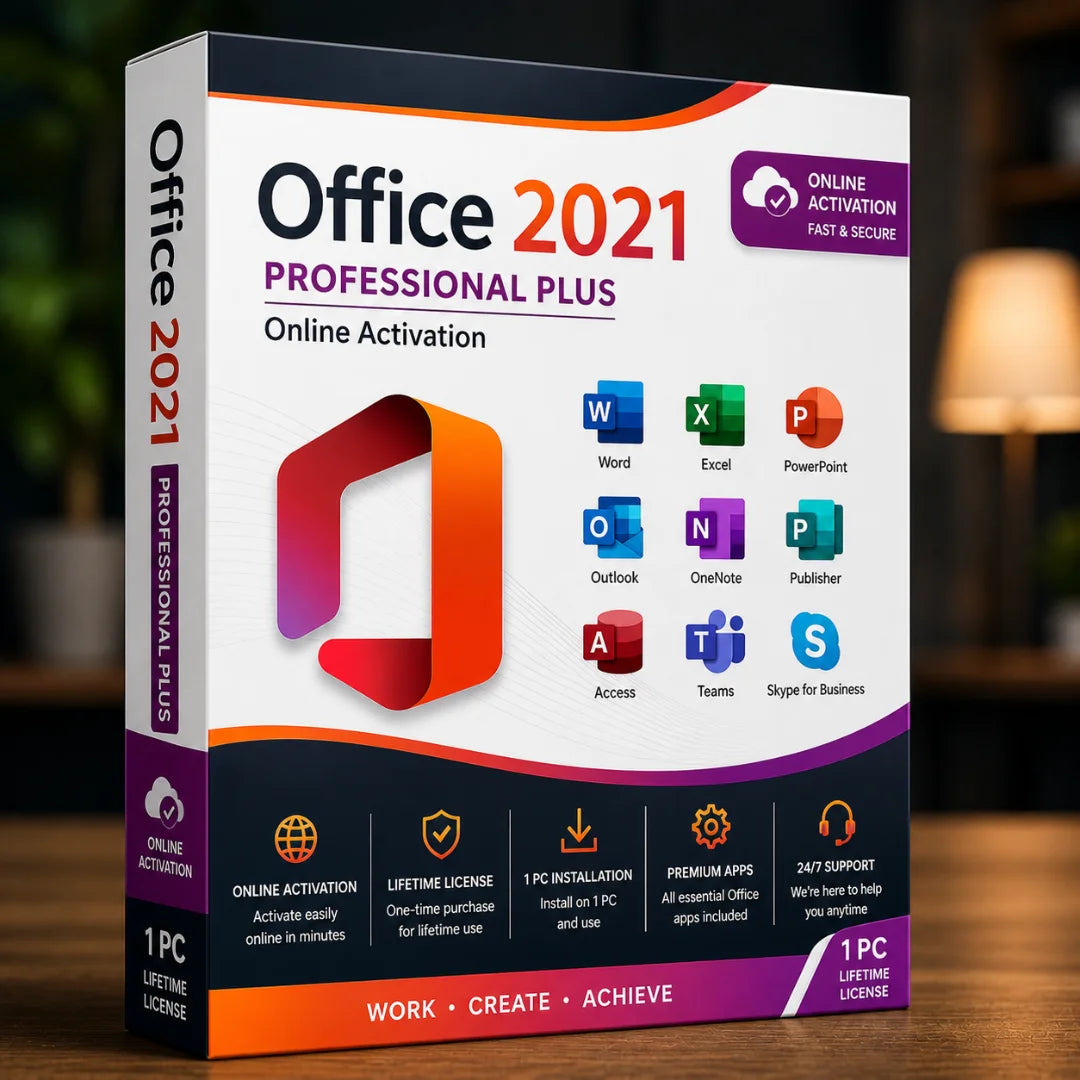 Office 2021 Professional Plus software package box on a wooden surface with a blurred background