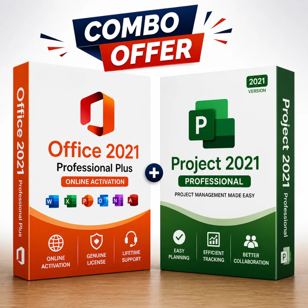 Two software packages, Office 2021 Professional Plus and Project 2021 Professional, with a 'Combo Offer' banner on a white background.