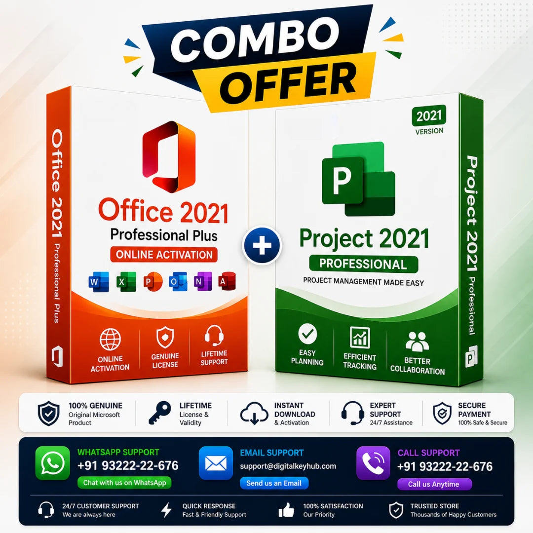 Combo offer for Office 2021 Professional Plus and Project 2021 Professional on a gradient background.