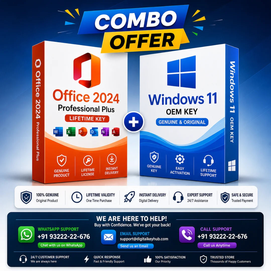 Combo offer for Office 2024 Professional Plus and Windows 11 OEM Key with branding and contact information.