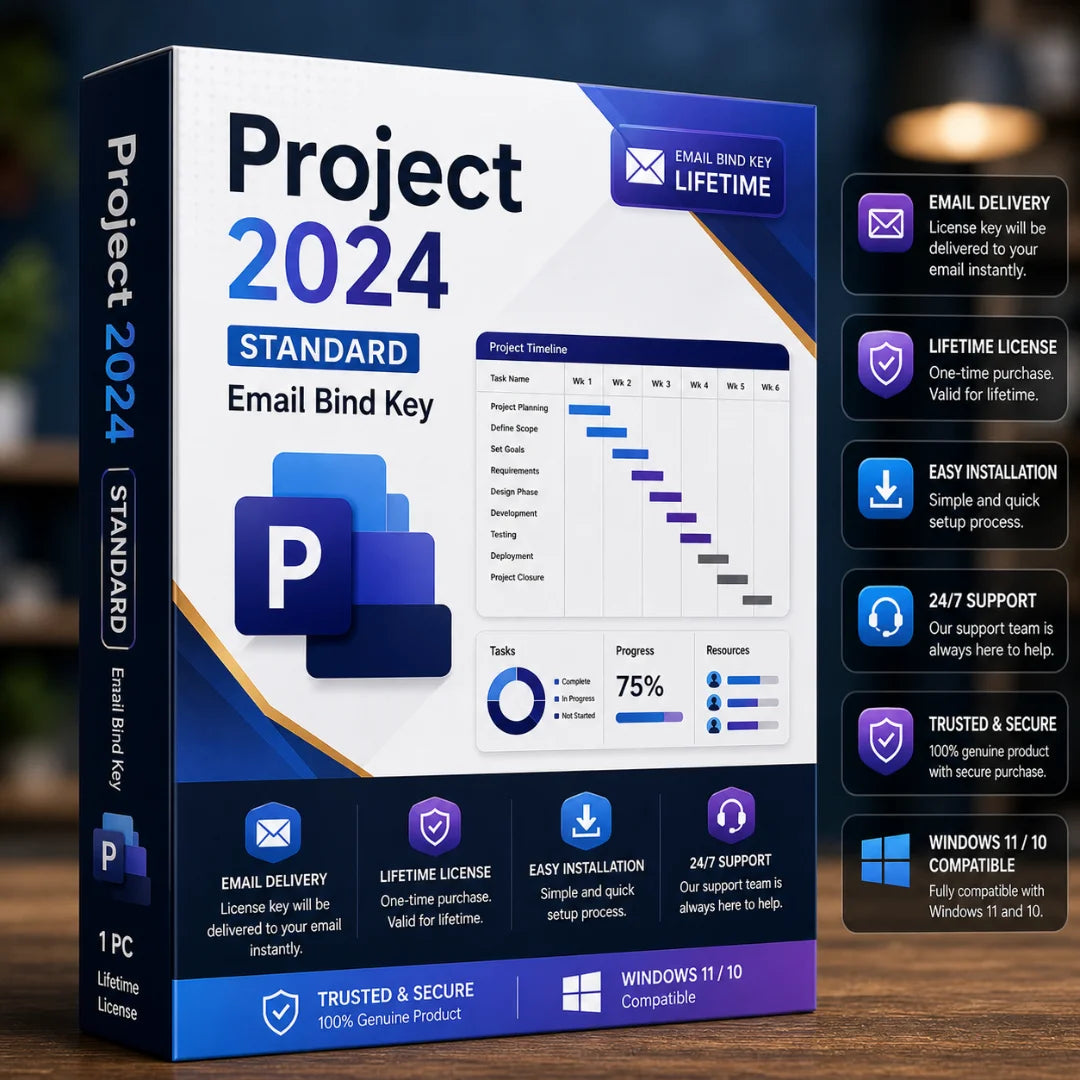 Project 2024 Standard Email Bind Key packaging with features listed on a blurred background