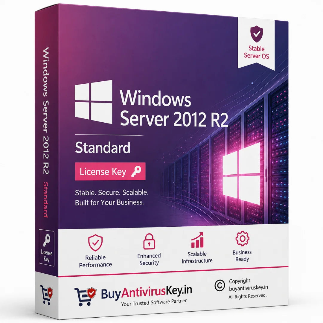 Windows Server 2012 R2 Standard packaging with branding and product details.