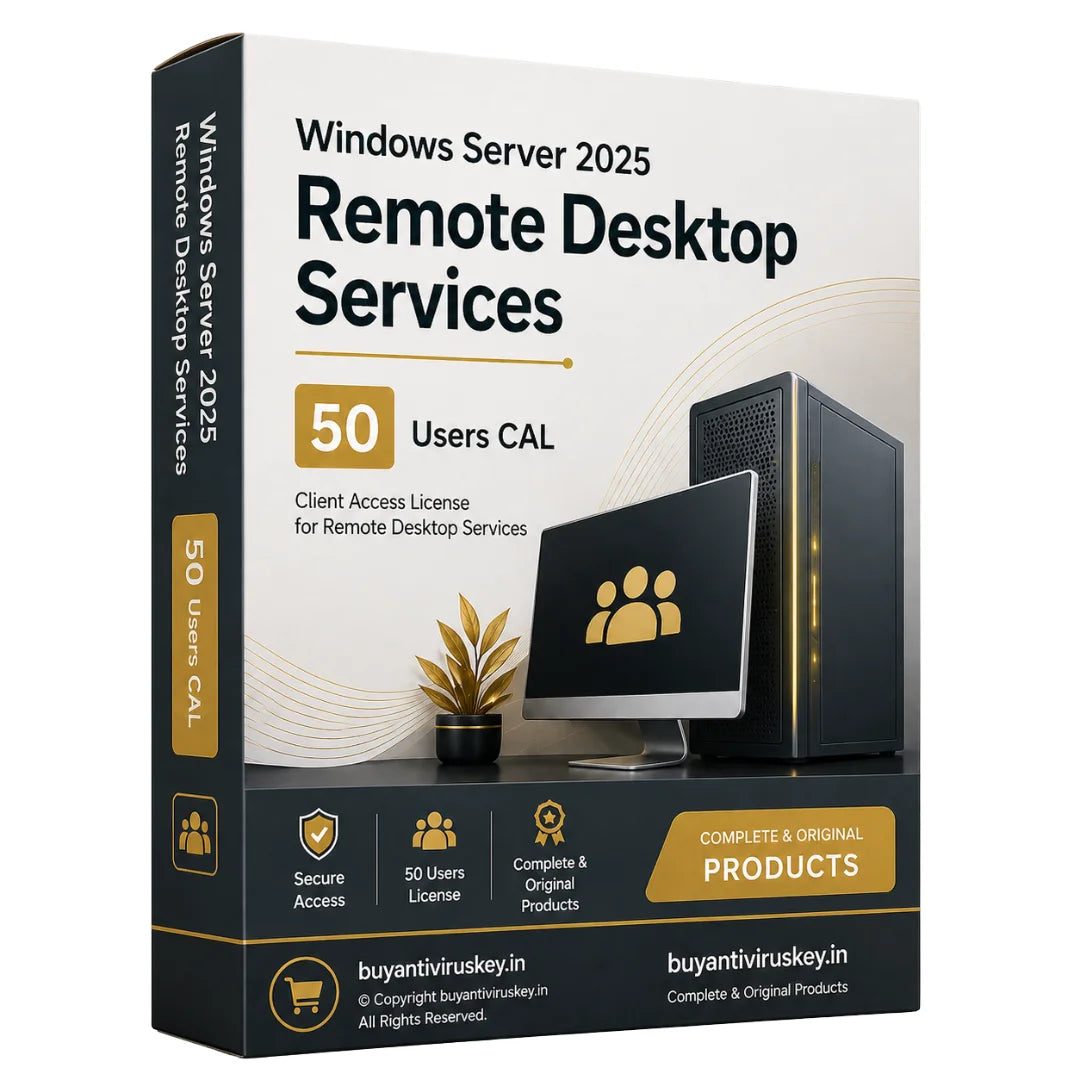 Windows Server 2025 Remote Desktop Services packaging with computer monitor and keyboard on a white background