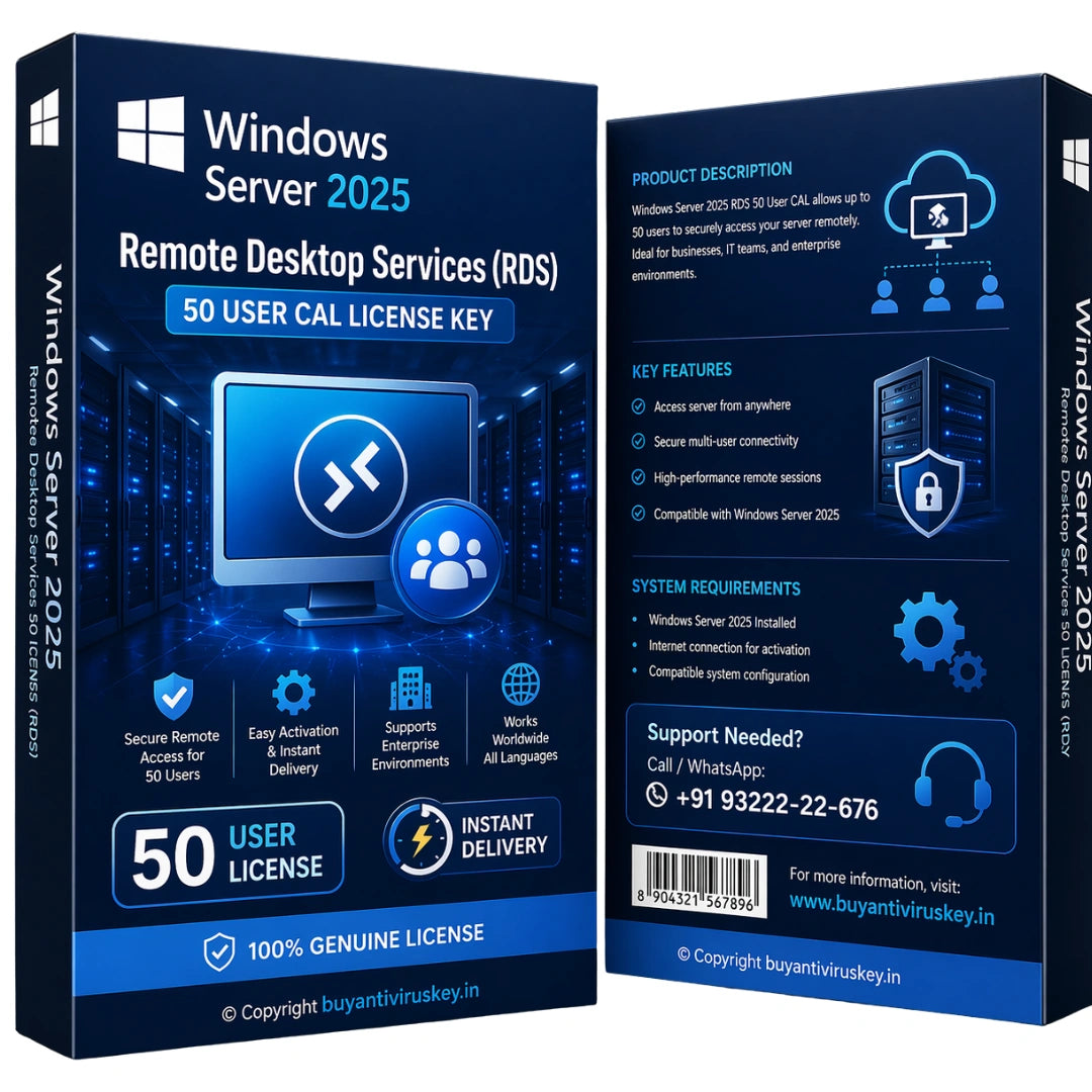 Windows Server 2025 Remote Desktop Services RDS license key packaging with branding and contact information.