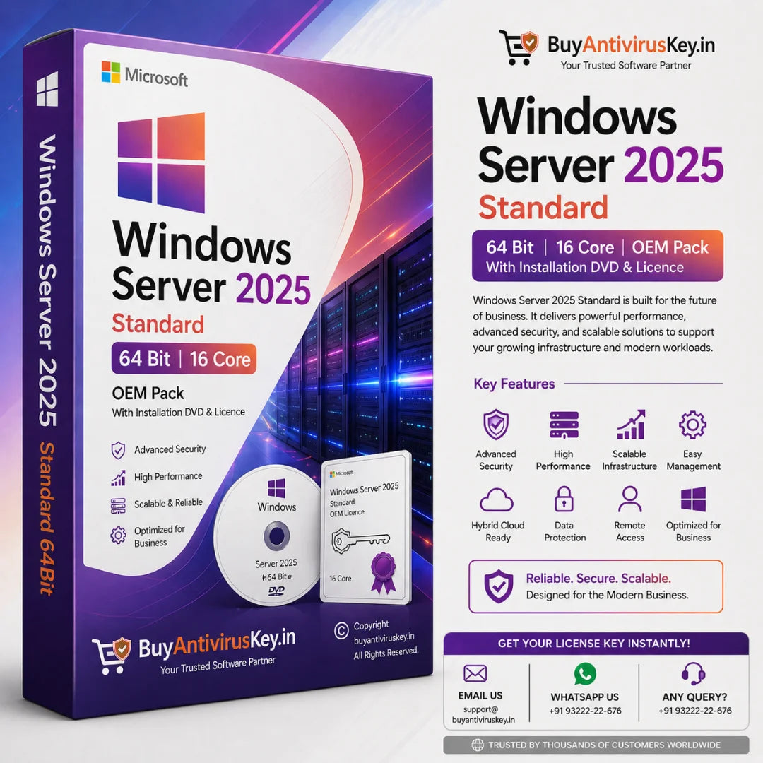 Microsoft Windows Server 2025 Standard packaging with promotional text for BuyAntivirusKey.in