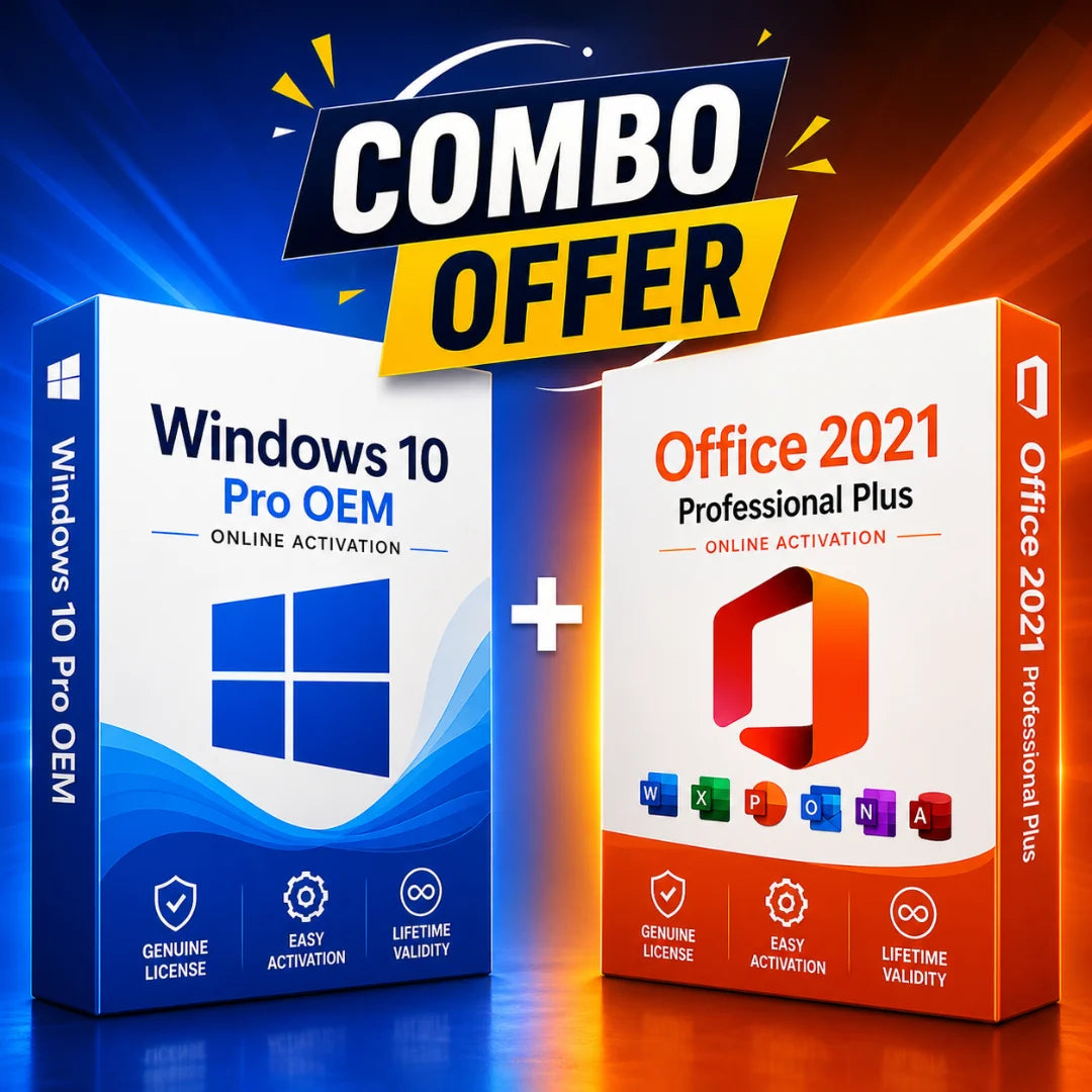 Combo offer for Windows 10 Pro OEM and Office 2021 Professional Plus on a blue and orange background.