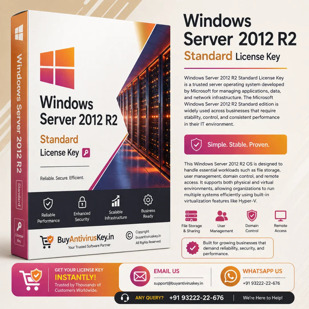 Windows Server 2012 R2 Standard License Key packaging with branding and contact information.