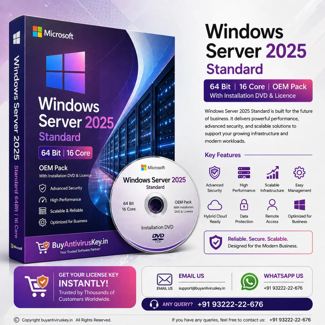 Microsoft Windows Server 2025 Standard packaging with DVD and promotional text on a white background