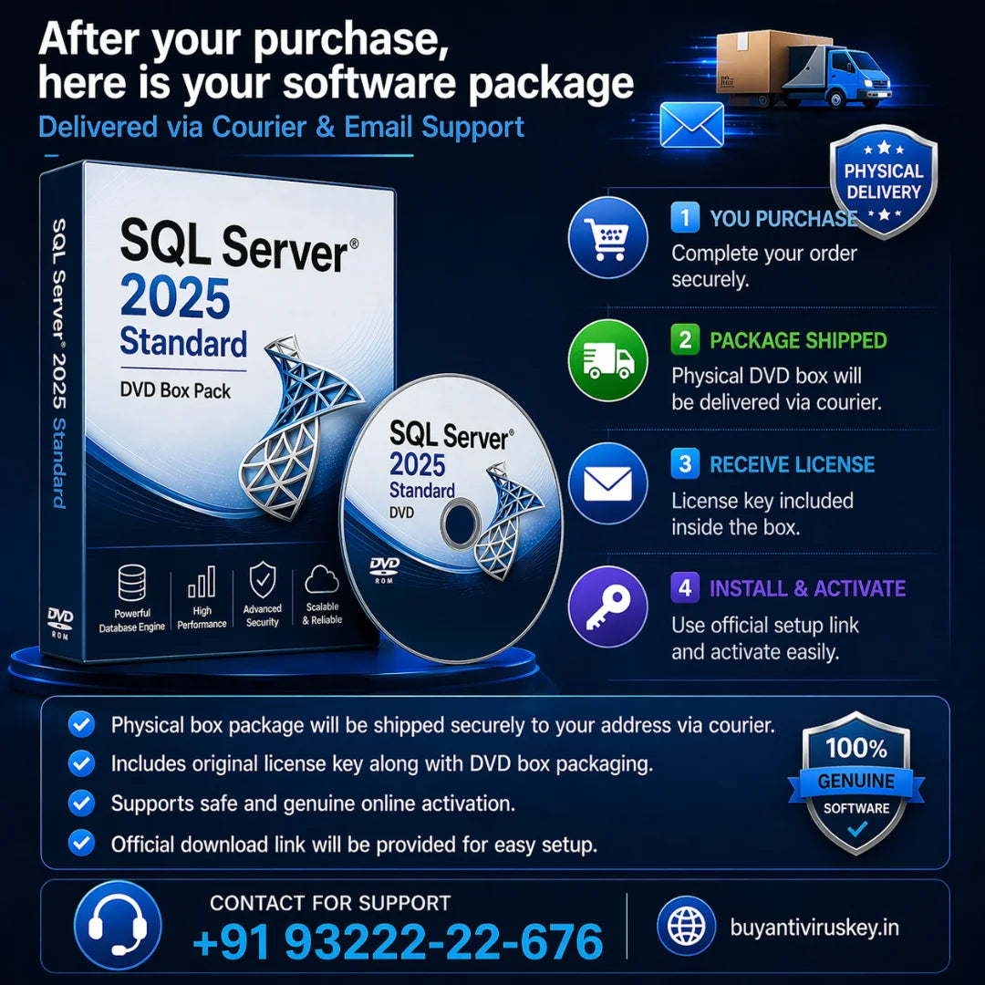 SQL Server 2025 Standard package with DVD box and disc on a dark background