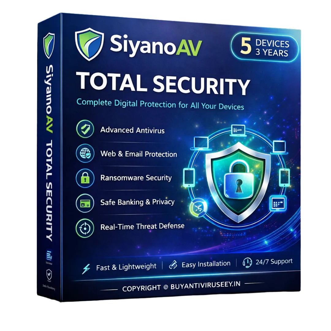 SiyanoAV Total Security software package box with features listed on a white background