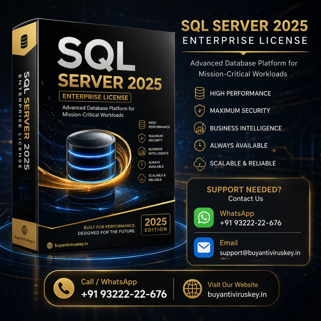 SQL Server 2025 Enterprise License packaging with features and contact information on a dark background