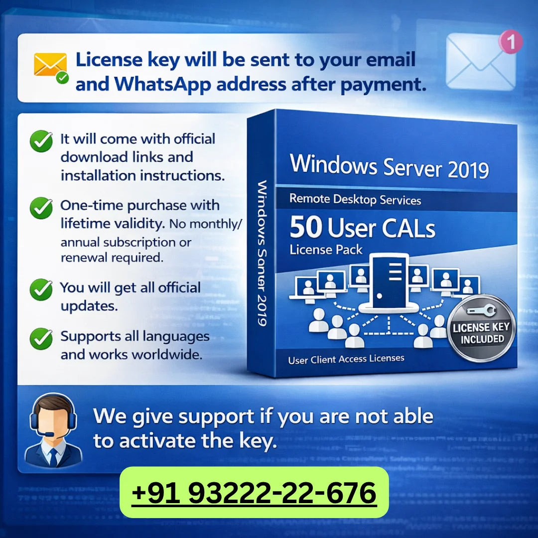 Windows Server 2019 Remote Desktop Services license pack with contact information on a blue background