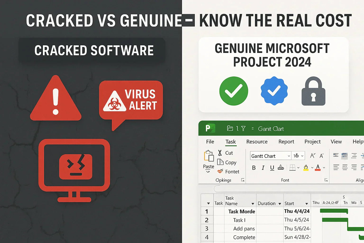 Visual of malware and ransomware threat from cracked software showing user data breach and hacker access.