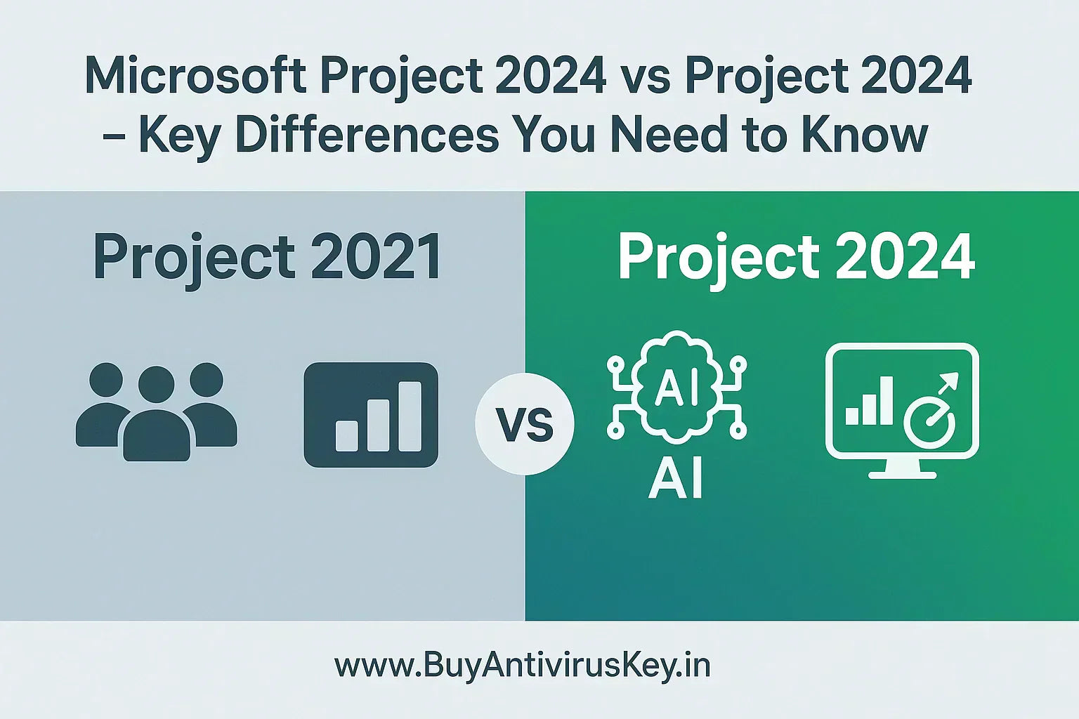 Microsoft Project 2024 vs Project 2021 comparison banner – key differences in AI scheduling, collaboration, reporting dashboards, and performance. Professional blog header with www.BuyAntivirusKey.in branding for genuine Microsoft Project 2024 license key