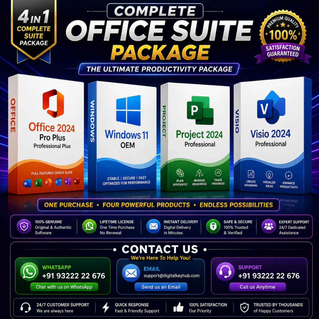 Promotional graphic for a Complete Office Suite Package with product boxes and contact information.