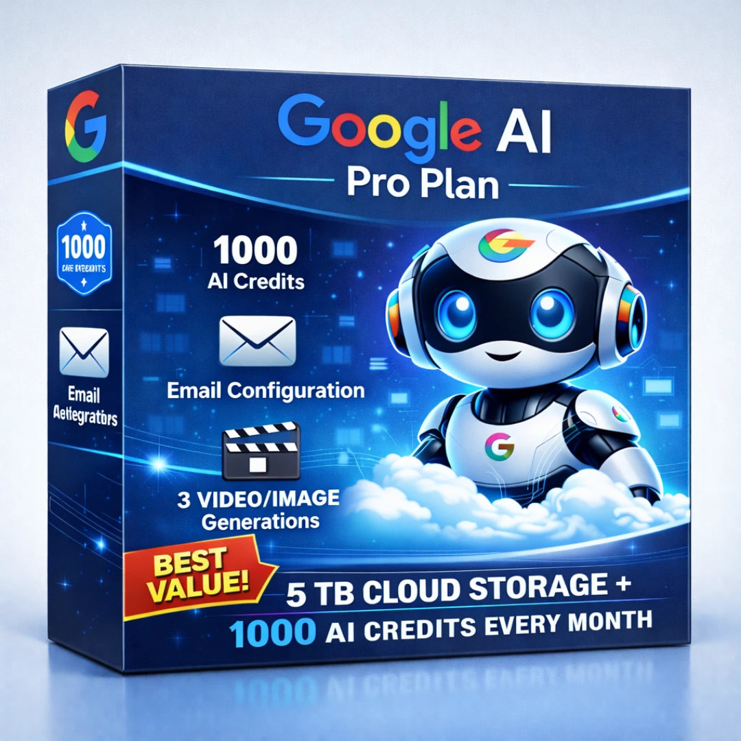 AI tools subscription plan with 5TB cloud storage, 1000 AI credits, email setup and productivity software solution for content creation and automation