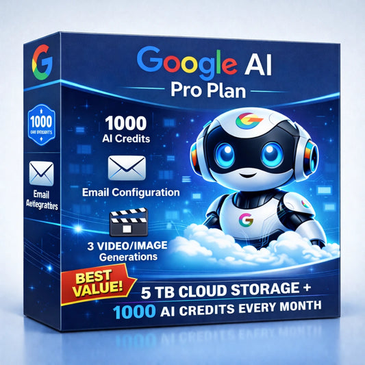 AI tools subscription plan with 5TB cloud storage, 1000 AI credits, email setup and productivity software solution for content creation and automation