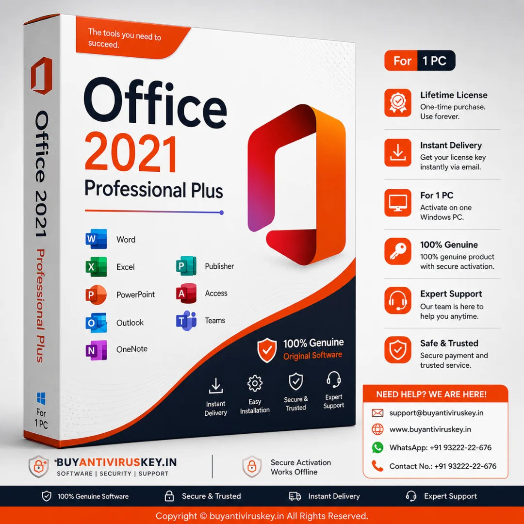 Office 2021 Professional Plus software package box with branding and features.