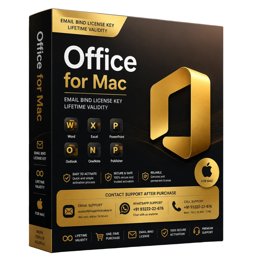 Office for Mac software package box with gold accents on a black background