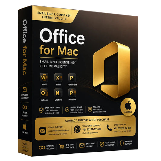 Office for Mac software package box with gold accents on a black background