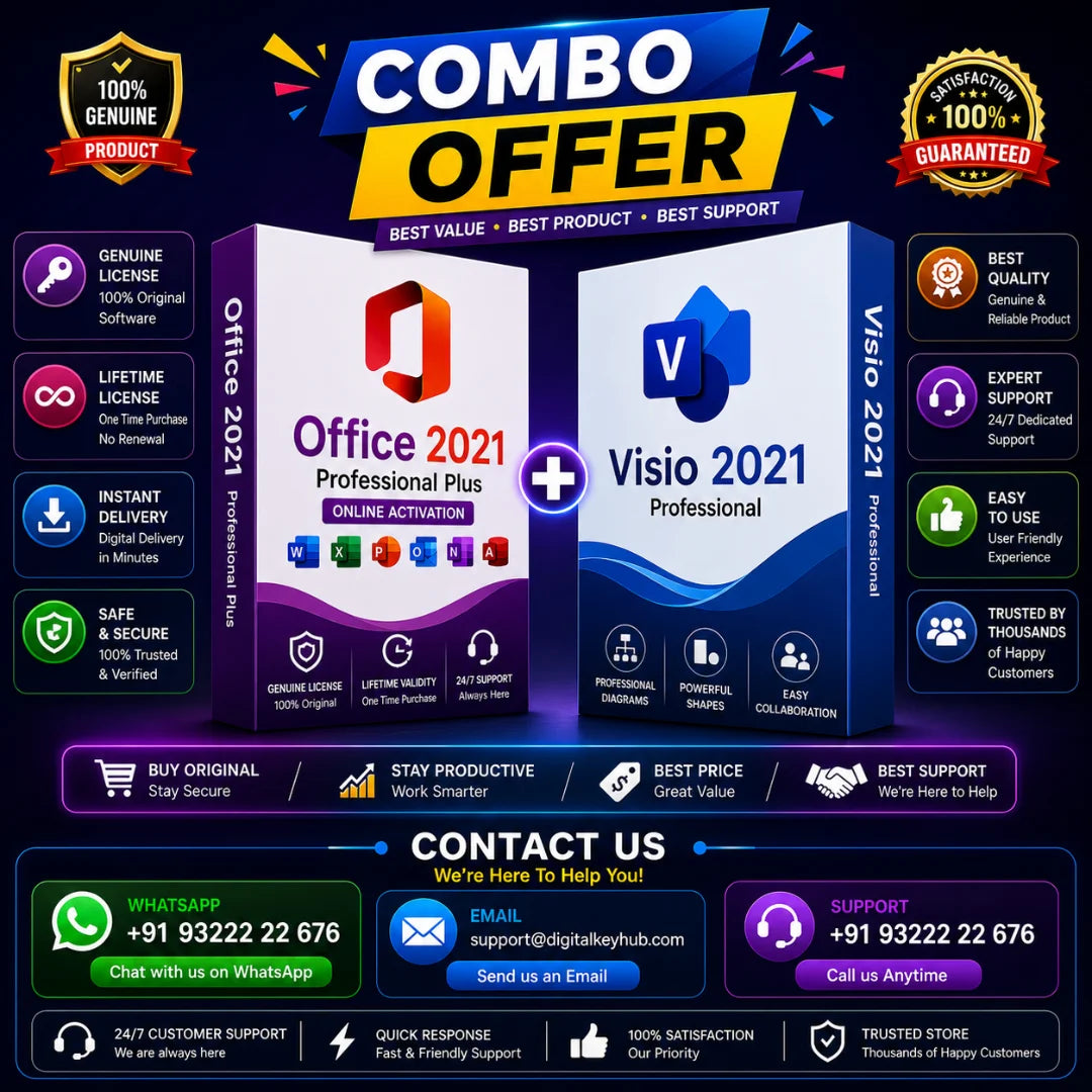 Combo offer for Office 2021 Professional Plus and Visio 2021 Professional with branding and contact information.