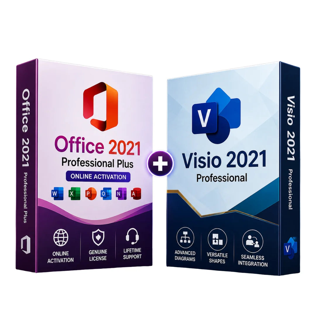 Two software packages for Office 2021 Professional Plus and Visio 2021 Professional on a white background.