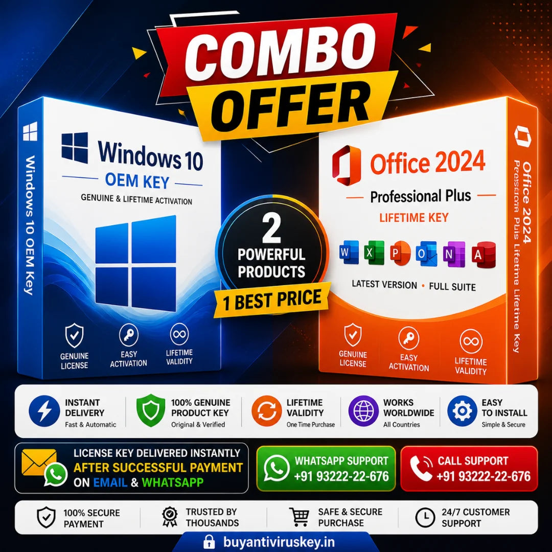 Combo offer for Windows 10 OEM Key and Office 2024 Professional Plus with promotional text and contact information.