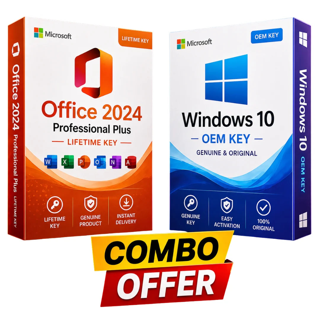 Microsoft Office 2024 Professional Plus and Windows 10 packaging with combo offer text on a white background.