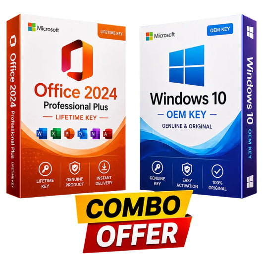 Microsoft Office 2024 Professional Plus and Windows 10 packaging with combo offer text on a white background.