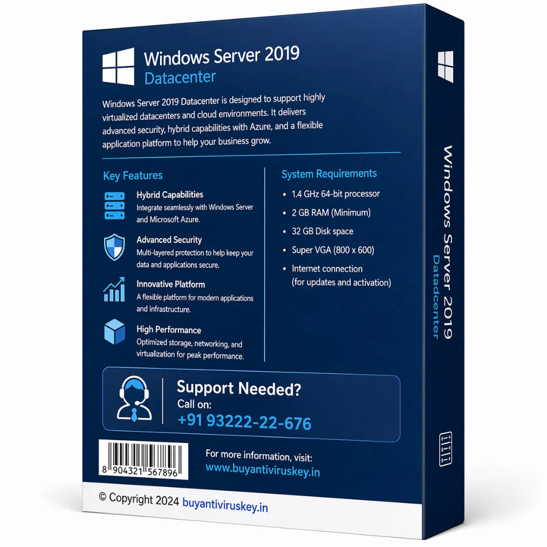 Windows Server 2019 Datacenter packaging with text and contact information.