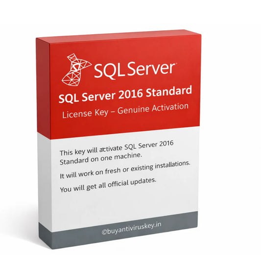 SQL Server 2016 Standard License Key genuine activation 3D box pack image with copyright buyantiviruskey.in for one machine installation and official updates