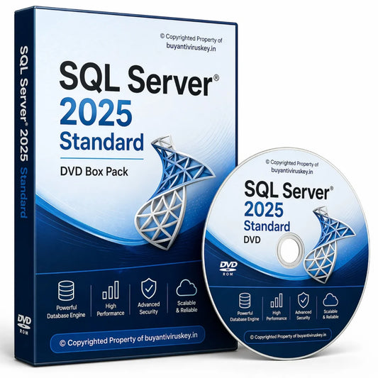 SQL Server 2025 Standard DVD Box Pack with DVD disc on a white background