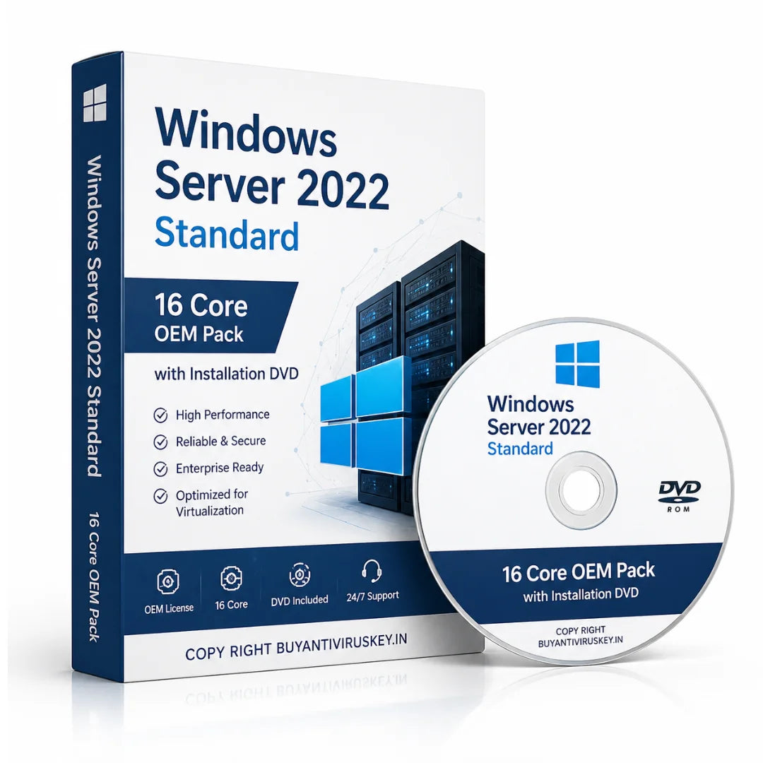 Windows Server 2022 Standard packaging with DVD on a white background