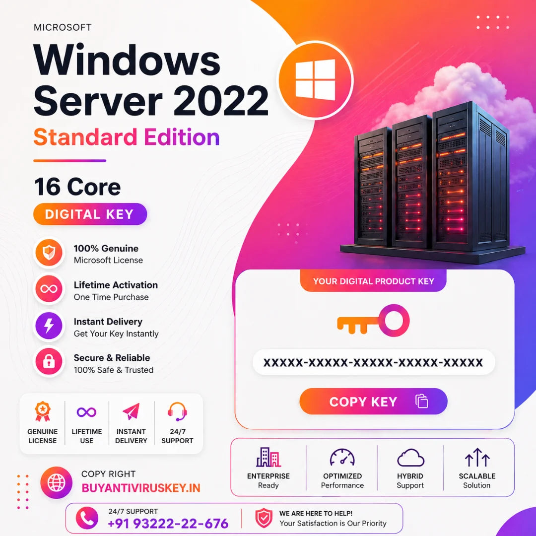 Advertisement for Microsoft Windows Server 2022 Standard Edition with server hardware and key details.