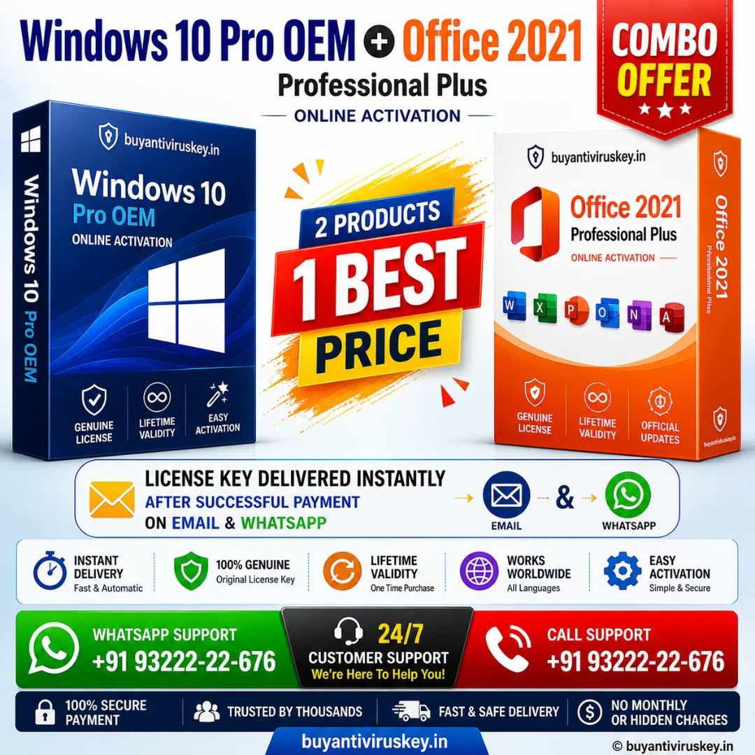 Promotional image of Windows 10 Pro OEM and Office 2021 packaging with branding and contact information.