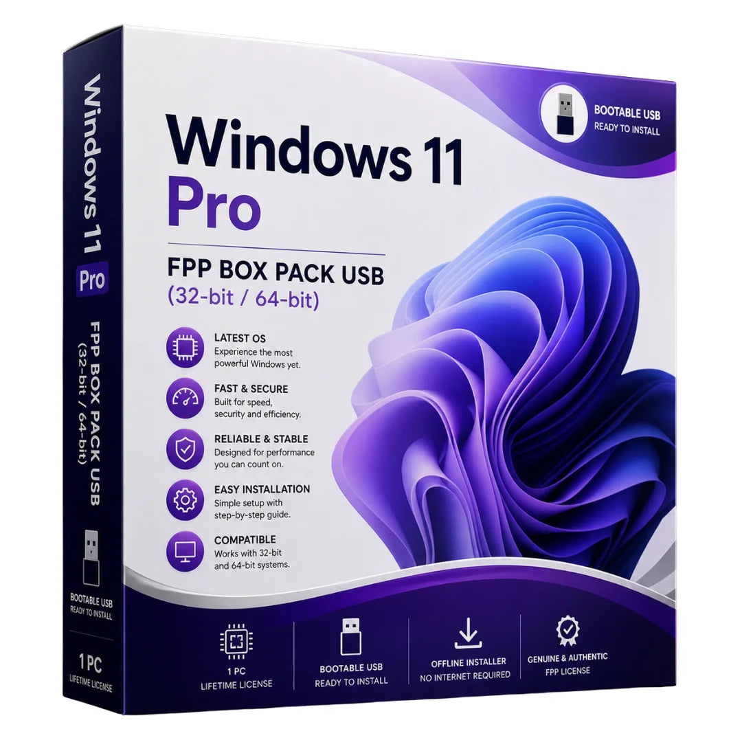 Windows 11 Pro FPP Box Pack USB packaging with purple and white design