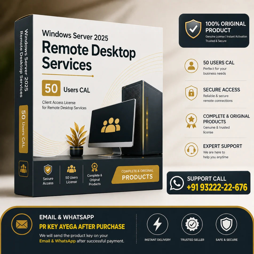 Windows Server 2025 Remote Desktop Services packaging with product details and contact information.