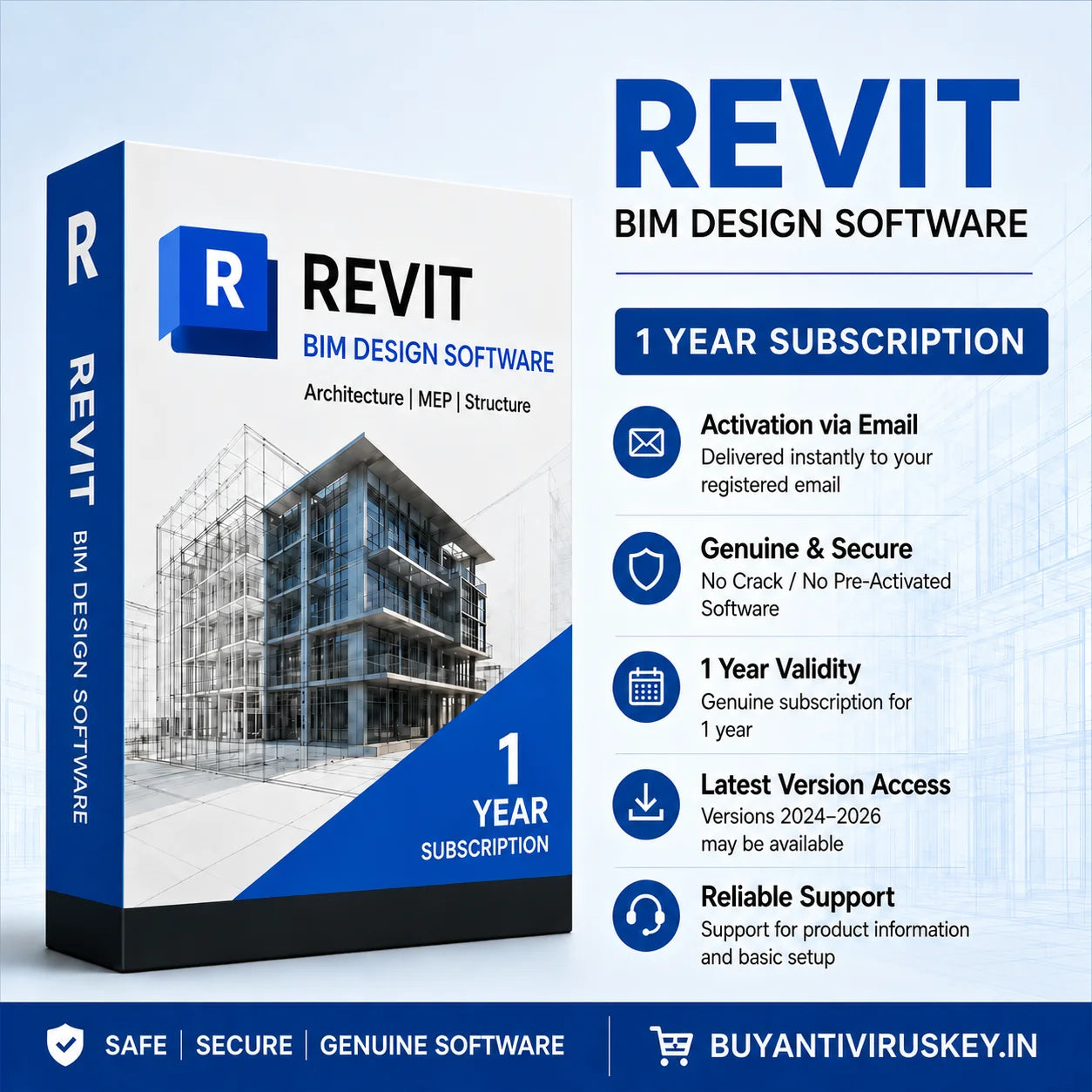 REVIT BIM Design Software packaging with features listed on a light blue background
