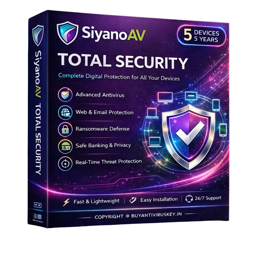 SiyanoAV Total Security software package box with features listed on a white background