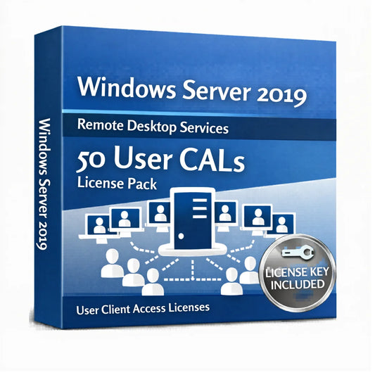 Windows Server 2019 Remote Desktop Services license pack with 50 User CALs on a white background