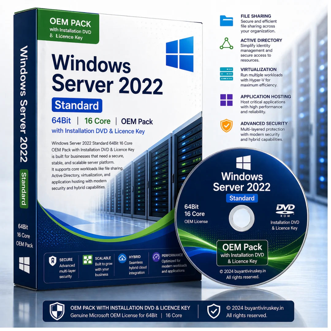 Windows Server 2022 Standard packaging with DVD and license key on a blue background